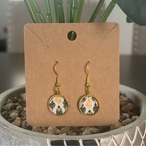 Hand Crafted Gold & Green Leaf Design Drop Earrings